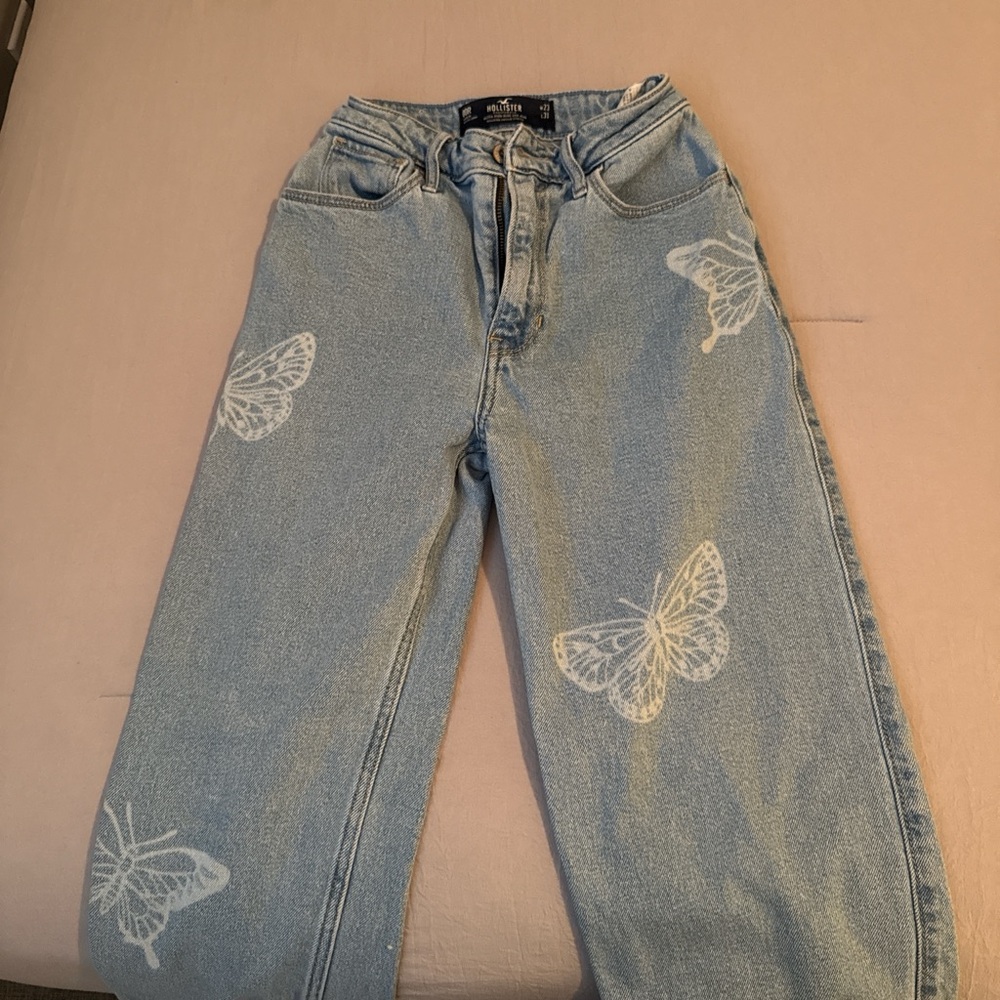 Hollister Light Blue Straight Leg Jeans with Butterfly Design